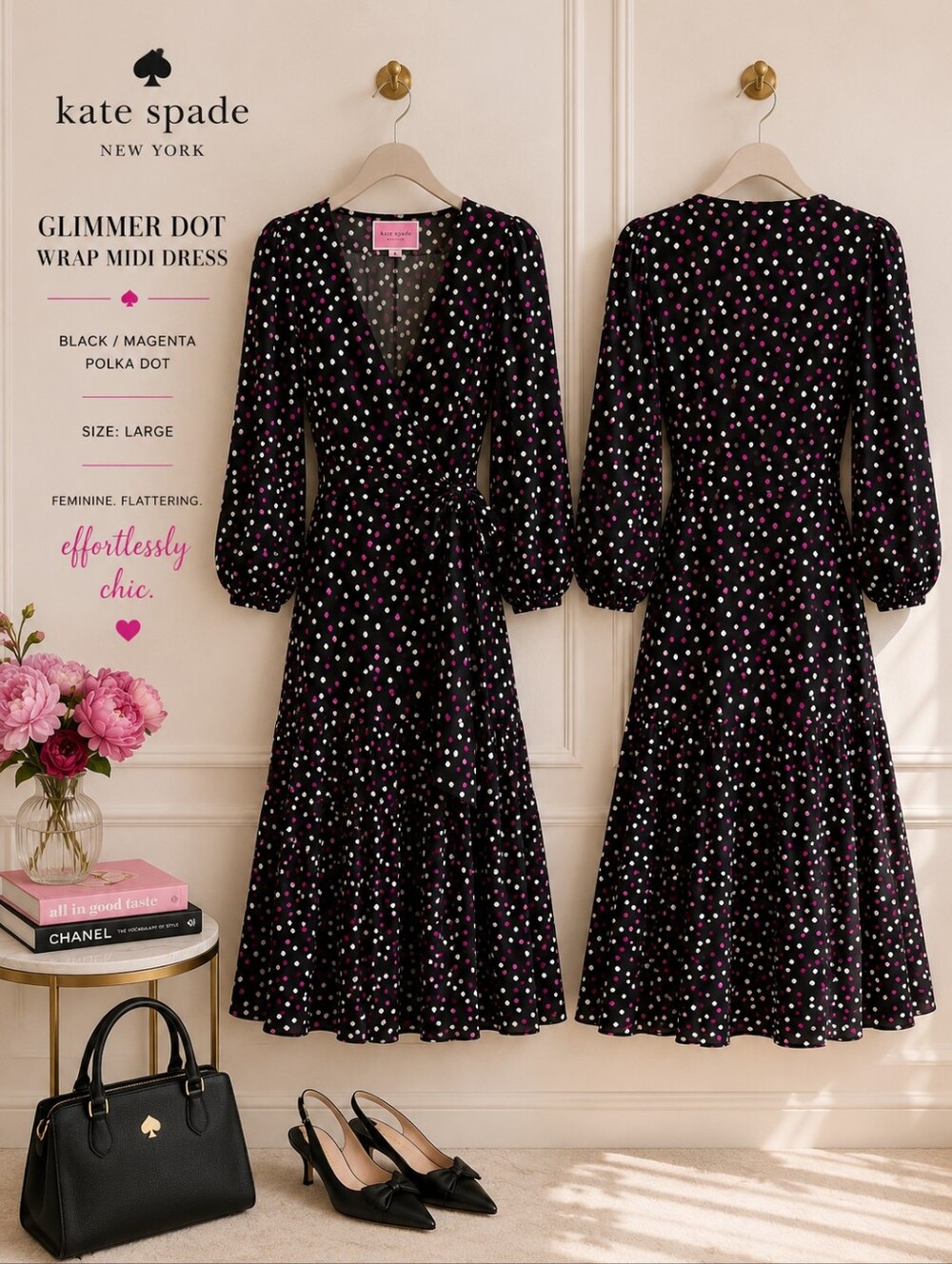 Kate Spade Glimmer Dot Wrap Midi Dress | Black Pink Polka Dot | Large | Like New - Picture 6 of 14